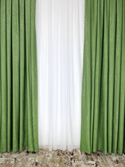 Set Ofelia: Perdea Voal Alb si Draperie Verde Olive – Ideal pentru Living si Dormitor in Nuanțe Crem, Bej si verde