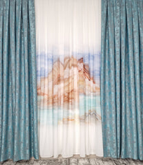 Set Cami: Perdea Matase si Draperie Turcoaz Tip Vopsea Decorativa – Ideal pentru Living si Dormitor in Nuanțe Alb, Crem si Turcoaz