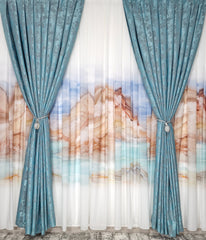 Set Cami: Perdea Matase si Draperie Turcoaz Tip Vopsea Decorativa – Ideal pentru Living si Dormitor in Nuanțe Alb, Crem si Turcoaz