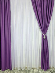 Ideal pentru Living si Dormitor – Set Ametist: Perdea din Voal Mov si Draperie Mov Simpla Uni Blackout 80% – Potrivit cu Pat sau Canapea Mov, Gri, Crem ori Bej, Pereti Albi si Mobilier Alb, Crem, Gri sau Maro – Confectionat pe Comanda