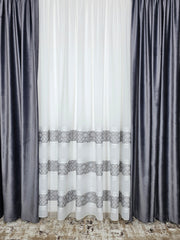 Set Mangalia: pentru Decoruri Moderne si Elegante in Nuante de Gri, Alb sau Negru - Perdea din In Cristal si Draperie Catifea Gri Inchis - Confectionat pe Comanda –