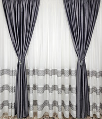 Set Mangalia: pentru Decoruri Moderne si Elegante in Nuante de Gri Inchis, Alb si Negru - Perdea din In Cristal si Draperie Catifea Gri Inchis - Confectionat pe Comanda – Ideal pentru Living si Dormitor in Nuanțe Alb, Gri si Lemn Natur