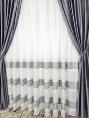 Set Mangalia: pentru Decoruri Moderne si Elegante in Nuante de Gri Inchis, Alb si Negru - Perdea din In Cristal si Draperie Catifea Gri Inchis - Confectionat pe Comanda – Ideal pentru Living si Dormitor in Nuanțe Alb, Gri si Lemn Natur
