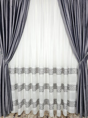 Set Mangalia: pentru Decoruri Moderne si Elegante in Nuante de Gri Inchis, Alb si Negru - Perdea din In Cristal si Draperie Catifea Gri Inchis - Confectionat pe Comanda – Ideal pentru Living si Dormitor in Nuanțe Alb, Gri si Lemn Natur
