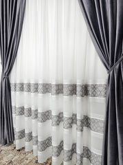 Set Mangalia: pentru Decoruri Moderne si Elegante in Nuante de Gri Inchis, Alb si Negru - Perdea din In Cristal si Draperie Catifea Gri Inchis - Confectionat pe Comanda – Ideal pentru Living si Dormitor in Nuanțe Alb, Gri si Lemn Natur