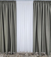 Set 98% Blackout Ideal pentru Cei Care Isi Doresc Intimitate Ridicata si Reducerea Puternica a Luminii - Colectia Hotel cu Perdea Voal Alb si Draperie Gri Verzui Blackout 98% - Confectionat pe Comanda