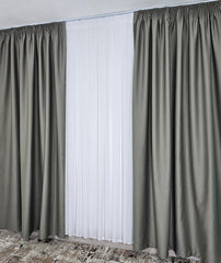 Set 98% Blackout Ideal pentru Cei Care Isi Doresc Intimitate Ridicata si Reducerea Puternica a Luminii - Colectia Hotel cu Perdea Voal Alb si Draperie Gri Verzui Blackout 98% - Confectionat pe Comanda