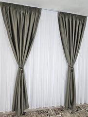 Set 98% Blackout Ideal pentru Cei Care Isi Doresc Intimitate Ridicata si Reducerea Puternica a Luminii - Colectia Hotel cu Perdea Voal Alb si Draperie Gri Verzui Blackout 98% - Confectionat pe Comanda