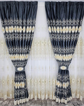 Set Londra: perdea din tul cu broderie 3D și draperie din catifea gri albastrui cu broderie 3D