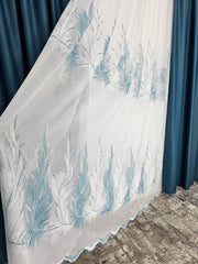 Perdea Kamala din Bamboo cu Borduri Florale - Alb cu Turcoaz