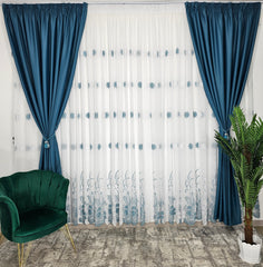 Set Darin – Perdea Borangic Alb cu Turcoaz si Draperie Turcoaz Blackout 90% – ideal pentru livinguri si dormitoare luminoase cu canapele crem, bej, gri deschis sau alb si accente turcoaz, mobilier lemn natur sau alb – confectionat pe comanda