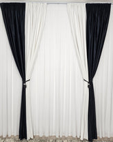 Set Cruela: perdea jorjet alb imaculat si draperie din catifea în doua culori alb cu negru