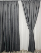 Set Premium: Ideal pentru Cei Care Nu Doresc Patrunderea Luminii - Perdea din Matase Alba si Draperie Catifea 100% blackout Gri Mediu pentru Livinguri si Dormitoare- Confectionat pe Comanda