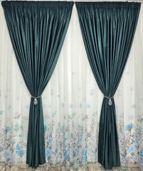Set Emilia: Ideal pentru Livinguri si Dormitoare in Nuante de Verde, Gri, Albastru, Alb sau Crem - Perdea din Voal cu Model Floral Gri si Albastru si Draperie Catifea Verde - Confectionat pe Comanda