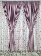 Set Inna – Perdea din Voal cu Model Floral Roz si Gri si Draperie Catifea Roz Lila – confectionata pe comanda