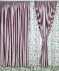 Set Inna – Perdea din Voal cu Model Floral Roz si Gri si Draperie Catifea Roz Lila – confectionata pe comanda