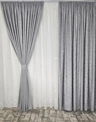 Set Jenifer: perdea ivoire din in cu frunze albe si draperie decorativa tip nisip gri