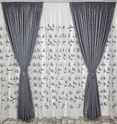 Set Deni: perdea din in cu frunze negre si draperie decorativa tip nisip gri inchis