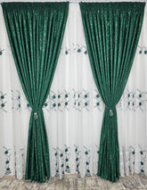 Set Smaranda: perdea din in cu flori alb-verde si draperie decorativa tip nisip verde smarald
