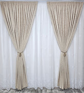 Set Gabi: perdea alba din in cu frunze si draperie decorativa tip nisip crem