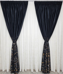 Colectia Velvet – Perdea din Matase cu Insertii Aurii si Draperie Catifea Neagra cu Insertii – ideala pentru livinguri cu canapele crem, bej, gri sau negre si mobilier alb, antracit sau lemn natur – confectionata pe comanda