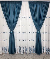 Set Bodi: perdea din in cu frunze turcoaz-alb si draperie blackout 90% turcoaz
