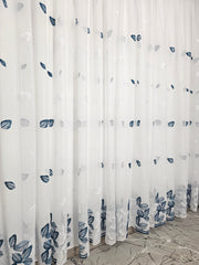 Perdea Bodi din material plin ca textura tip in, alba cu frunze turcoaz