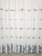 Perdea Bodi din material plin ca textura tip in, alba cu frunze turcoaz