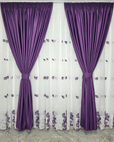 Set Violeta: perdea din in cu frunze mov-alb si draperie blackout 98% mov