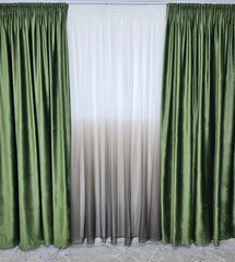 Set Fiona – Perdea din Voal Degrade Verde Kaki si Draperie Catifea Verde Olive – ideal pentru livinguri cu canapele crem, bej, cappuccino sau gri deschis si mobilier lemn natur sau alb – confectionat pe comanda