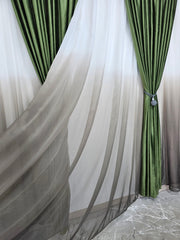 Set Cataleia pentru Camere in Nuante de Verde, Crem, Bej si Alb - Perdea Voal Degrade Verde Kaki si Draperie Catifea Verde Olive pentru Living si Dormitor - Confectionat pe Comanda