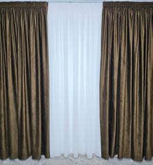 Set Miruna Recomandat pentru Camere in Nuante de Maro, Bej, Crem si Alb - Set cu Perdea Voal Alb si Draperie Catifea Maro pentru Living si Dormitor - Confectionat pe Comanda