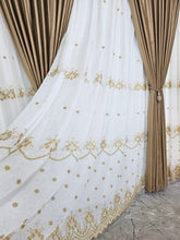 Set Reina: perdea ivoire din in gros cu broderie capucino si draperie din catifea caramel-Ideal pentru Livinguri si Dormitoare Elegante In nuante de Crem sau Alb-Confectionat pe Comanda Casablanca Magazin