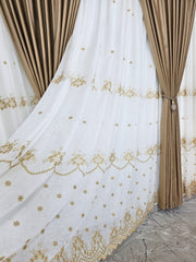 Perdea Reina Crem cu Broderie Aurie din Material Plin Tip In