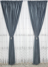 Set Samira: perdea alba din in gros cu broderie gri si draperie din catifea gri antracit
