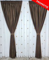 Set Diego: perdea crem din in cristal cu flori crem-maro si draperie catifea maro