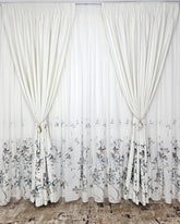 Set Bacardi: Perdea din Mătase Moale cu Flori Turcoaz și Gri și Draperie Blackout Asortată