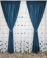 Set Antonio: perdea alba cu buline turcoaz cu draperie simpla turcoaz blackout 90%