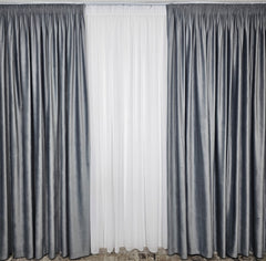 Set Panciu – Perdea Alba Simpla din Voal si Draperie Catifea Gri Deschis – ideal pentru livinguri in nuante de gri sau alb – confectionat pe comanda