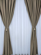 Set Horezu: perdea simpla ivoire din voal si draperie blackout 90% grej combinatie gri cu capucino