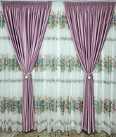 Set Bujor Black Friday: perdea voal model floral combinatie roz cu verde olive si draperie din catifea catifea roz lila blackout 90%