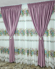 Set Bujor – Perdea Voal Model Floral Roz cu Verde Olive si Draperie Catifea Roz Lila – ideal pentru livinguri cu canapele crem, bej, roz pudra sau verde olive si mobilier alb sau lemn natur – confectionat pe comanda