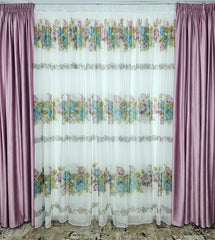 Set Bujor Black Friday: perdea voal model floral combinatie roz cu verde olive si draperie din catifea catifea roz lila blackout 90%