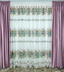 Perdea Bujor din Voal Model Floral Roz cu Verde Olive – perdea eleganta pentru living si dormitor, ideala pentru canapele crem, bej, roz pudra sau verde olive si mobilier alb sau lemn natur – confectionata pe comanda