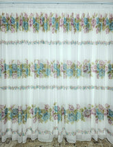 Perdea Bujor din voal model floral combinatie roz cu verde olive