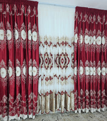 Set Rubin – Perdea Tul cu Broderie 3D si Draperie Catifea Rosie 3D – ideal pentru livinguri elegante si dormitoare sofisticate cu canapele crem, bej, gri deschis sau alb si accente rosii, mobilier lemn natur, alb sau wenge – confectionat pe comanda