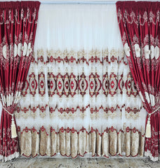 Set Rubin – Perdea Tul cu Broderie 3D si Draperie Catifea Rosie 3D – ideal pentru livinguri elegante si dormitoare sofisticate cu canapele crem, bej, gri deschis sau alb si accente rosii, mobilier lemn natur, alb sau wenge – confectionat pe comanda
