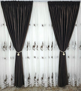 Set Camila: perdea din in cu flori maro si draperie din catifea maro inchis