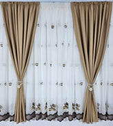 Set Ceainic: perdea alba cu cescute crem maro si draperie blackout 80% capucino