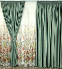 Set Leonard: perdea din voal model floral si draperie catifea 90% blackout verde menta